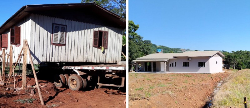Com renda maior, família vendeu a velha casa de madeira (E) e construiu uma nova moradia, maior e de alvenaria