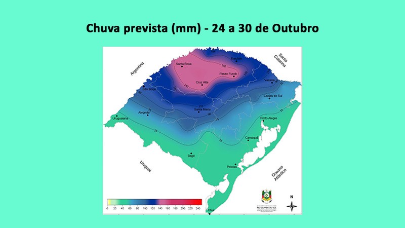 Os volumes de chuva esperados deverão variar entre 50 e 75 mm na maioria dos municípios do RS