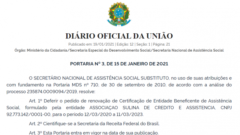 Renovação da certificação vai até março de 2023