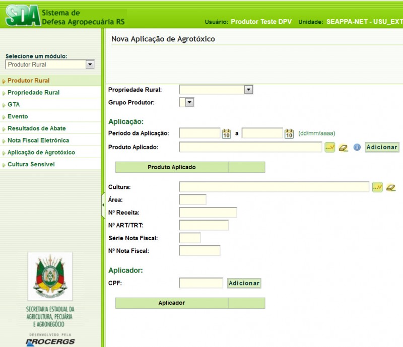 Tela que aparece para o produtor fazer a declaração