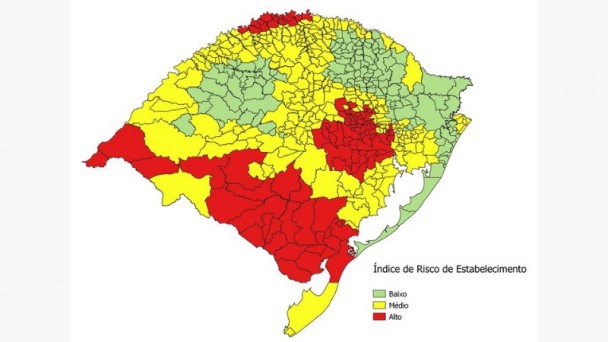 Mapa com índice de risco de estabelecimento do HLB