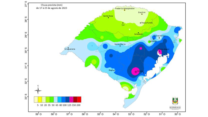 Chuva prevista (mm) de 17 a 23 de agosto de 2023