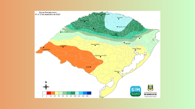 Chuva prevista (mm) de 7 a 13 de dezembro de 2023