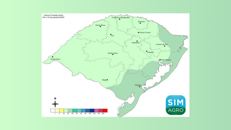 Chuva prevista (mm) de 4 a 10 de janeiro de 2024