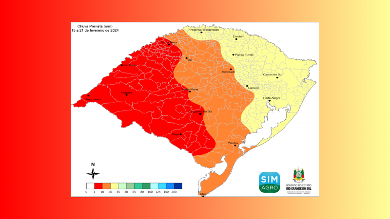 Chuva prevista (mm) de 15 a 21 de fevereiro de 2024