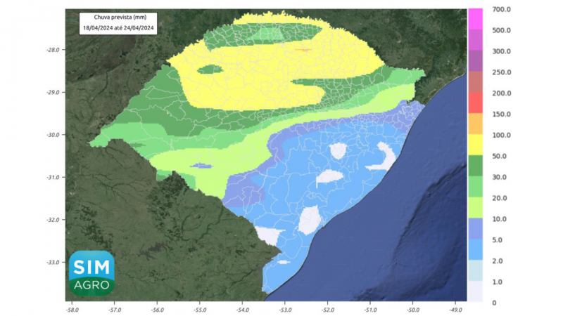 Chuva prevista (mm) de 18 a 24 de abril de 2024