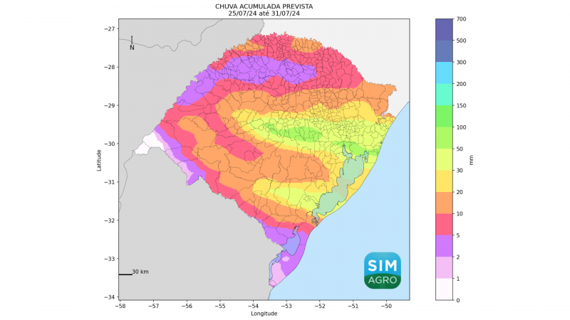 Chuva prevista (mm) de 25 a 31 de julho de 2024