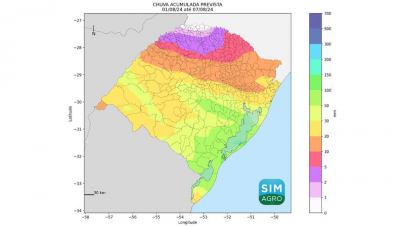 Chuva prevista (mm) de 1º a 7 de agosto de 2024