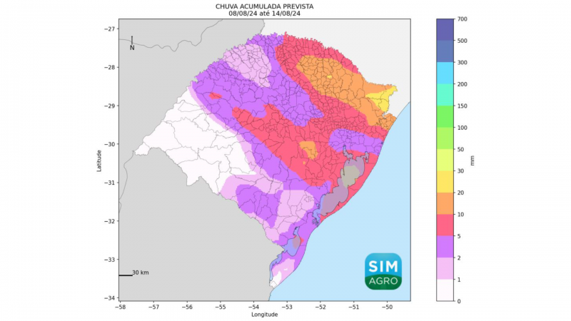 Chuva prevista (mm) de 8 a 14 de agosto de 2024