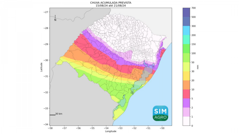 Chuva prevista (mm) de 15 a 21 de agosto de 2024