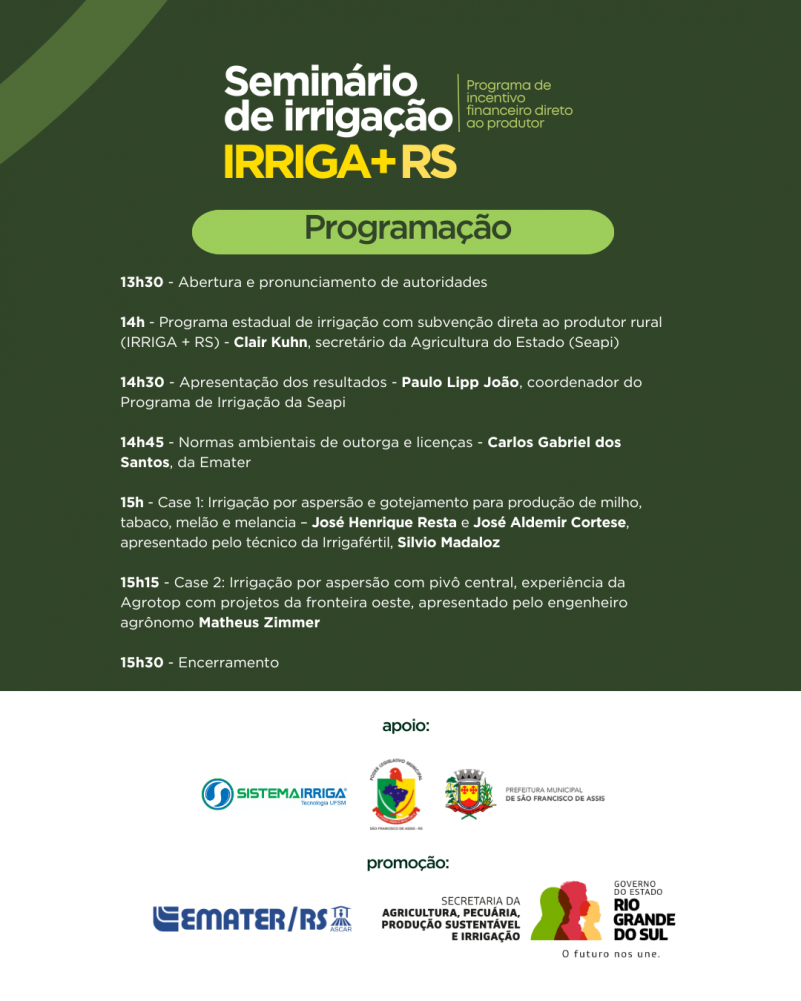 Seminario de irrigacao Sao Francisco de Assis programacao